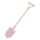 Roze schep met houten handvat van voren