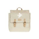 Nanami rugzak fluffy vogel voorkant beige met witte vogel en leren gespen