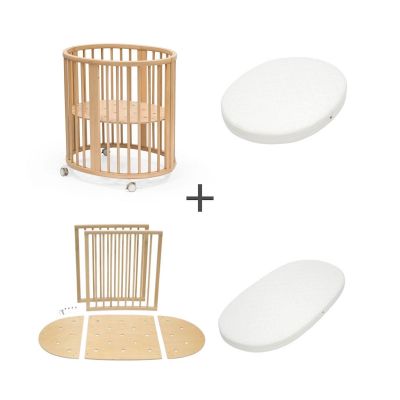 Stokke Sleepi wiegje Natural met wieltjes, uitbreidingsset tot ledikant en twee ovale matrassen