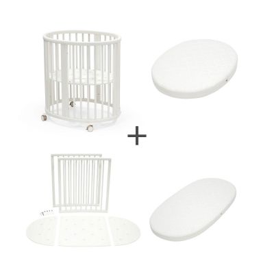 Stokke Sleepi wiegje White met wieltjes, uitbreidingsset tot ledikant en twee ovale matrassen