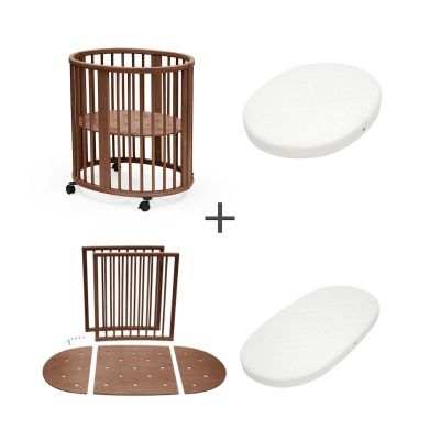 Stokke Sleepi wiegje Warm Brown met wieltjes, uitbreidingsset tot ledikant en twee ovale matrassen
