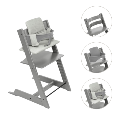 Stokke® Tripp Trapp® Stoel Bundel met BabySet² Storm Grey en Kussen Nordic Grey