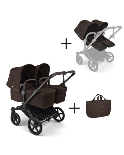 Bugaboo Tweeling Kinderwagen Donkey 6 Compleet Black - Cocoa Brown met zijtas