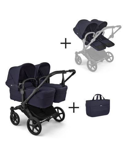 Bugaboo Tweeling Kinderwagen Donkey 6 Compleet Black - Deep Indigo met zijtas