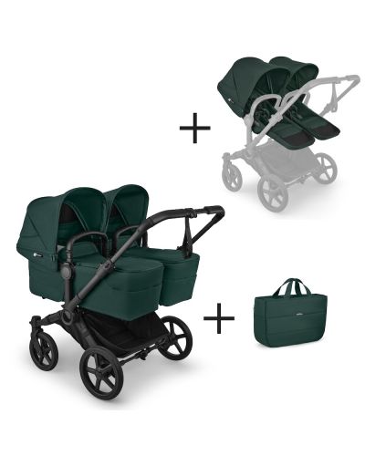Bugaboo Tweeling Kinderwagen Donkey 6 Compleet Black - Fern Green met zijtas