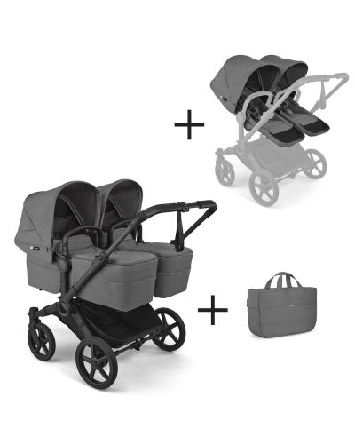 Bugaboo Tweeling Kinderwagen Donkey 6 Compleet Black - Moon Grey met zijtas