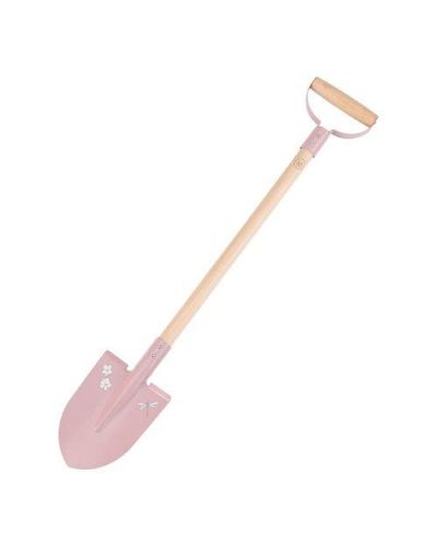 Roze schep met houten handvat van voren