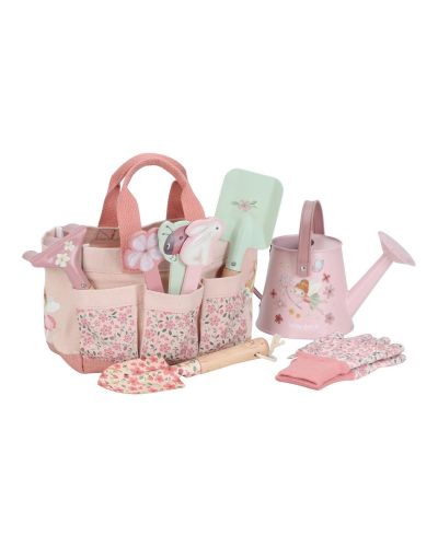 Tuingereedschapset in buidel met roze en groene accessoires
