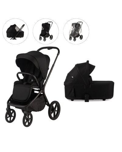 Pericles Kinderwagen Noa Compleet Black samen met muskietennet en regenhoes voor reiswieg en wandelwagen