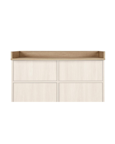 Voorzijde van witte commode met houten blad en opberglades