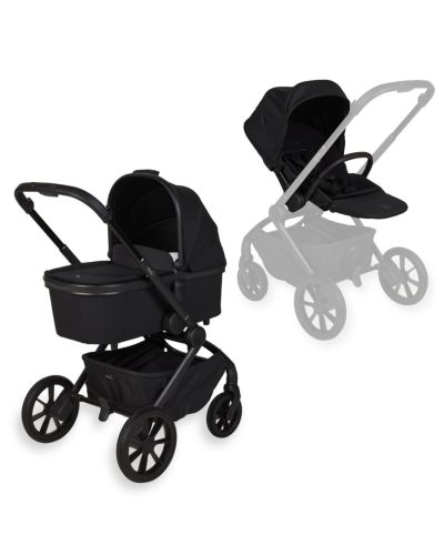 Zwarte Quax Echo kinderwagenframe met reiswieg en wandelwagenzitje