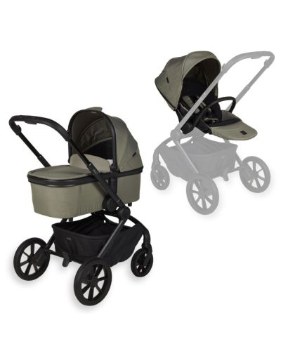 Groene Quax Echo kinderwagenframe met reiswieg en wandelwagenzitje