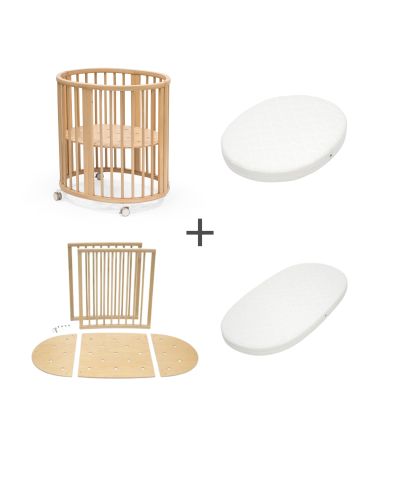 Stokke Sleepi wiegje Natural met wieltjes, uitbreidingsset tot ledikant en twee ovale matrassen