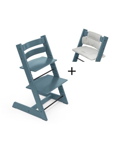 Stokke Tripp Trapp kinderstoel Fjord Blue tijdelijk met gratis kussen Grey