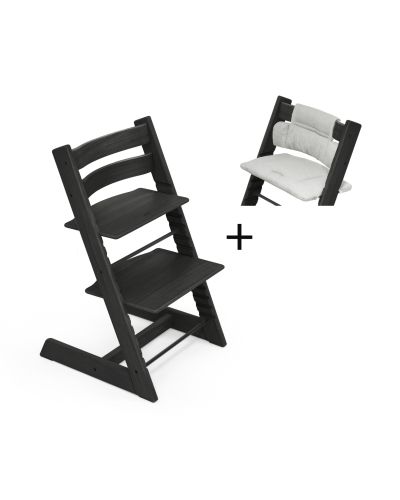 Stokke Tripp Trapp kinderstoel Oak Black tijdelijk met gratis kussen Grey
