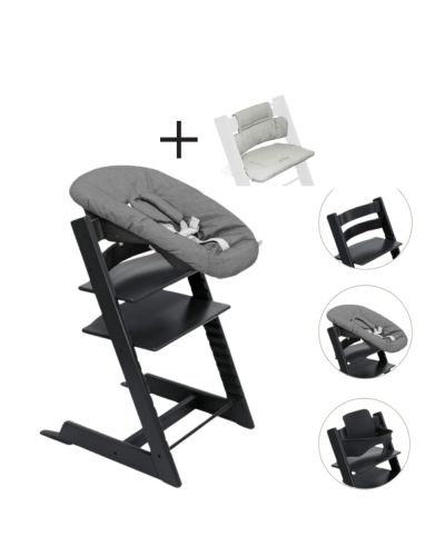 Stokke Tripp Trapp Stoel Bundel met BabySet² Black en Newborn Set Anthracite inclusief gratis kussen