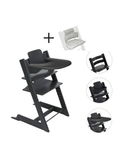 Stokke Tripp Trapp Stoel Bundel met BabySet² en Tray Black inclusief gratis kussen