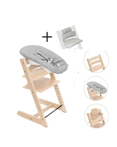 Stokke Tripp Trapp Stoel Bundel met BabySet² Natural en Newborn Set Grey inclusief gratis kussen