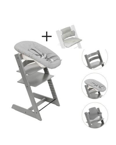 Stokke Tripp Trapp Stoel Bundel met BabySet² Storm Grey en Newborn Set Grey inclusief gratis regenhoes
