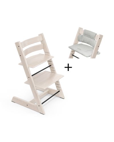 Stokke Tripp Trapp kinderstoel White Wash tijdelijk met gratis kussen Grey