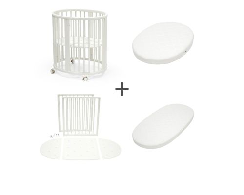 Stokke Sleepi wiegje White met wieltjes, uitbreidingsset tot ledikant en twee ovale matrassen