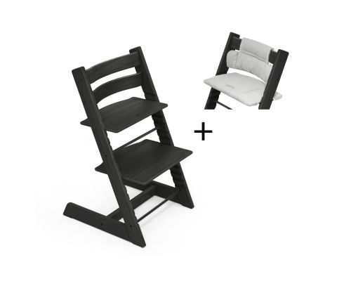 Stokke Tripp Trapp kinderstoel Oak Black tijdelijk met gratis kussen Grey