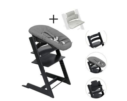 Stokke Tripp Trapp Stoel Bundel met BabySet² Black en Newborn Set Anthracite inclusief gratis kussen