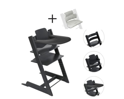 Stokke Tripp Trapp Stoel Bundel met BabySet² en Tray Black inclusief gratis kussen