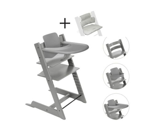 Stokke Tripp Trapp Stoel Bundel met BabySet² en Tray - Storm Grey inclusief gratis kussen