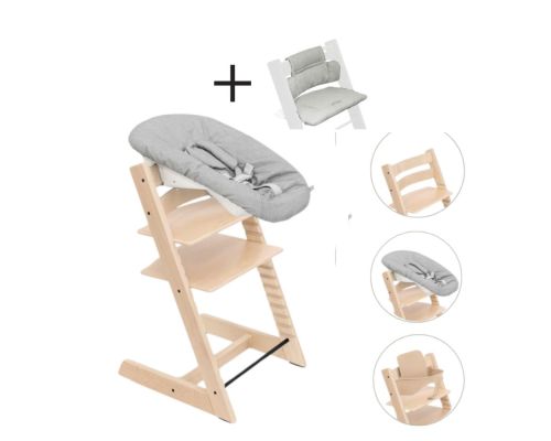 Stokke Tripp Trapp Stoel Bundel met BabySet² Natural en Newborn Set Grey inclusief gratis kussen