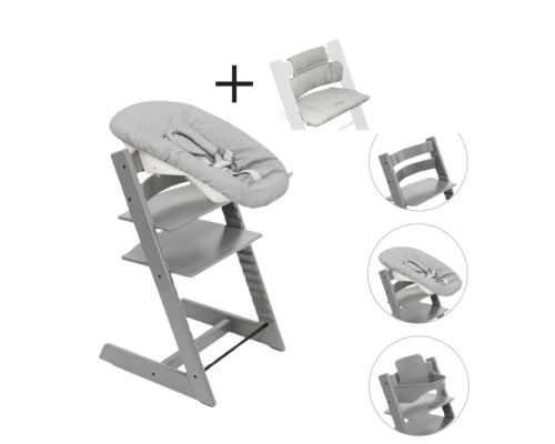 Stokke Tripp Trapp Stoel Bundel met BabySet² Storm Grey en Newborn Set Grey inclusief gratis regenhoes