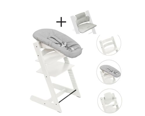 Stokke Tripp Trapp Stoel Bundel met BabySet² White en Newborn Set Grey inclusief gratis kussen