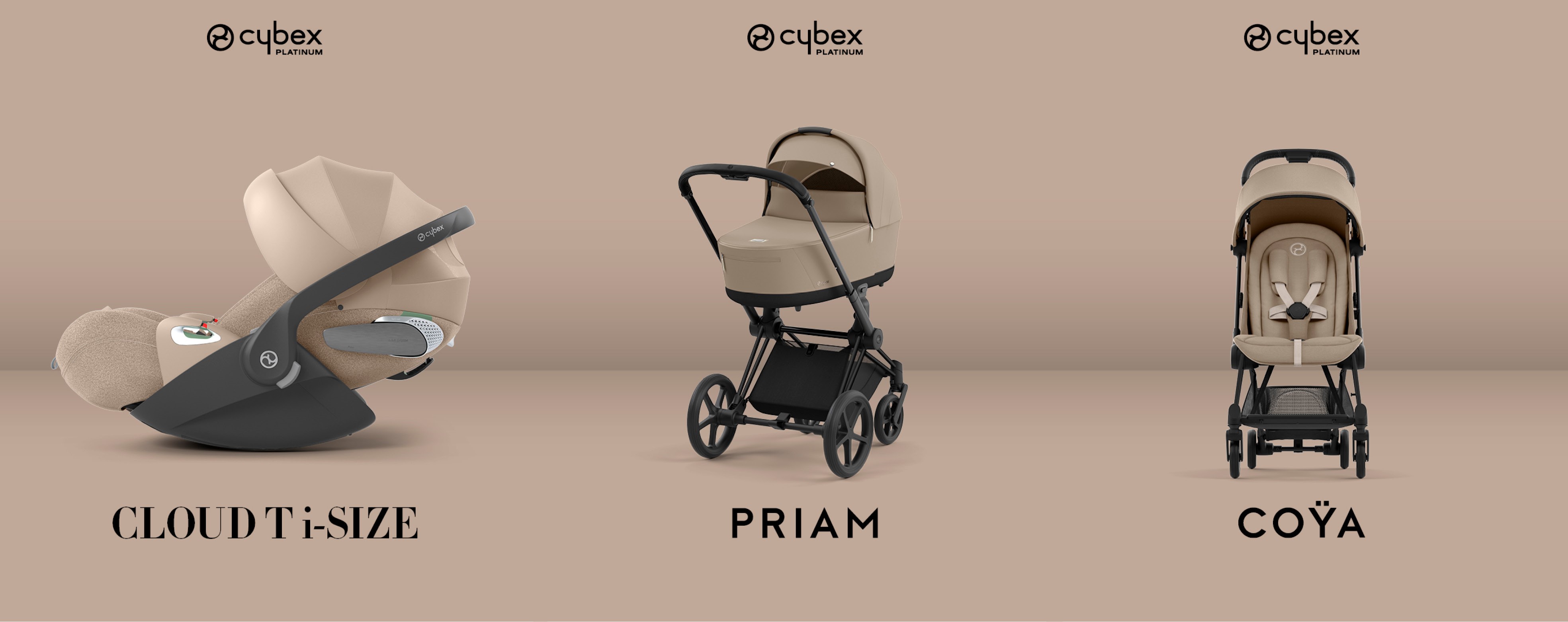 Op deze afbeelding: Cybex autostoel Cloud T-iSize, Kinderwagen Priam en de Buggy Coya.