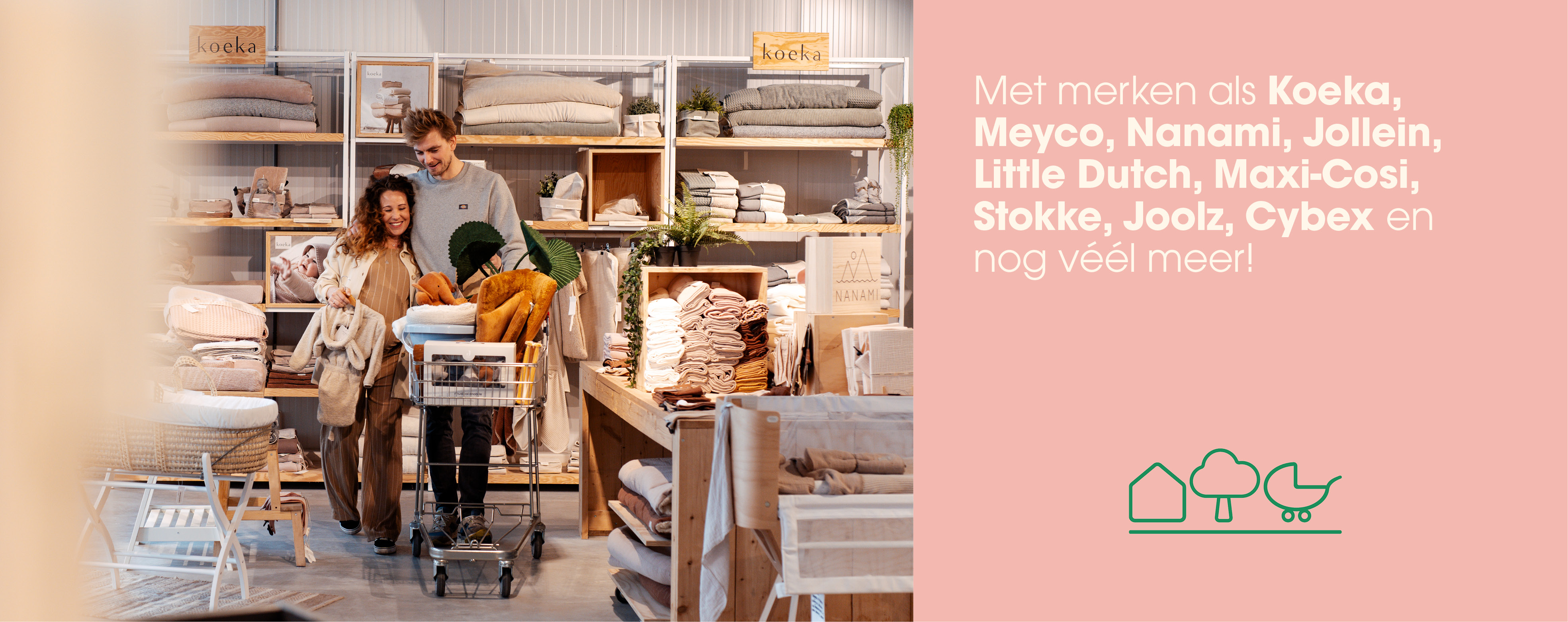 Huisje Boompje Baby beurs met bekende merken zoals Koeka, Joolz, Maxi-Cosi, Cybex en Meyco.